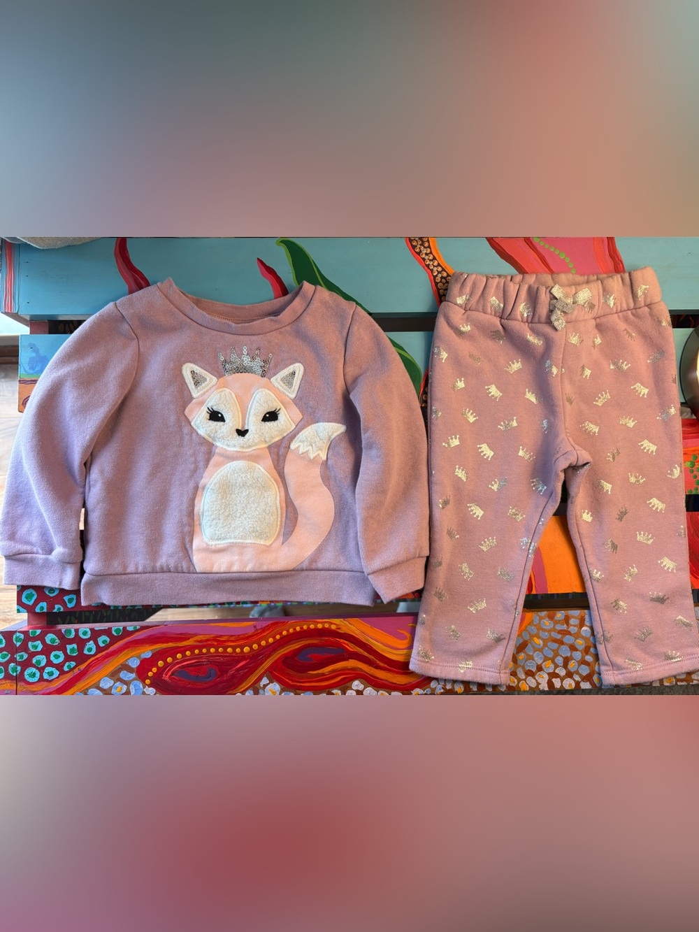 The Children's Place Girls 2-Piece Purple Fox/Crown Fleece Sweatshirt & Pants